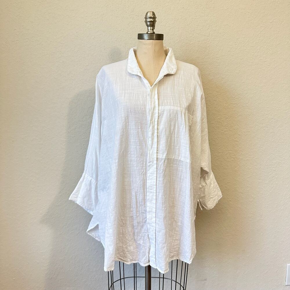 DILEMMA Tunic Top White Cotton Woven Button Up Oversized Dolman Sleeve